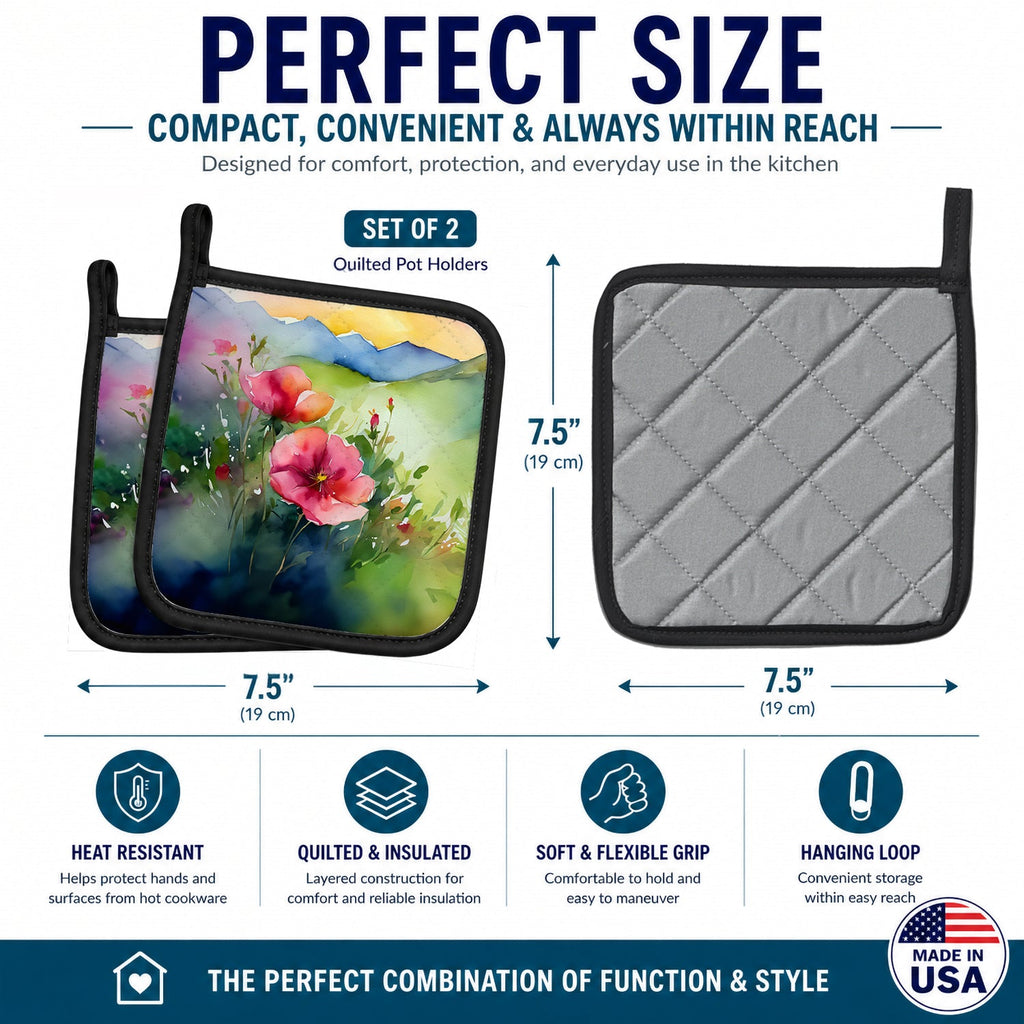 North Dakota Wild Prairie Roses in Watercolor Pot Holder Set of 2 Heat Resistant Quilted Hot Pads 7.5 x 7.5 Inch, Insulated Kitchen Trivets for Cooking & Baking