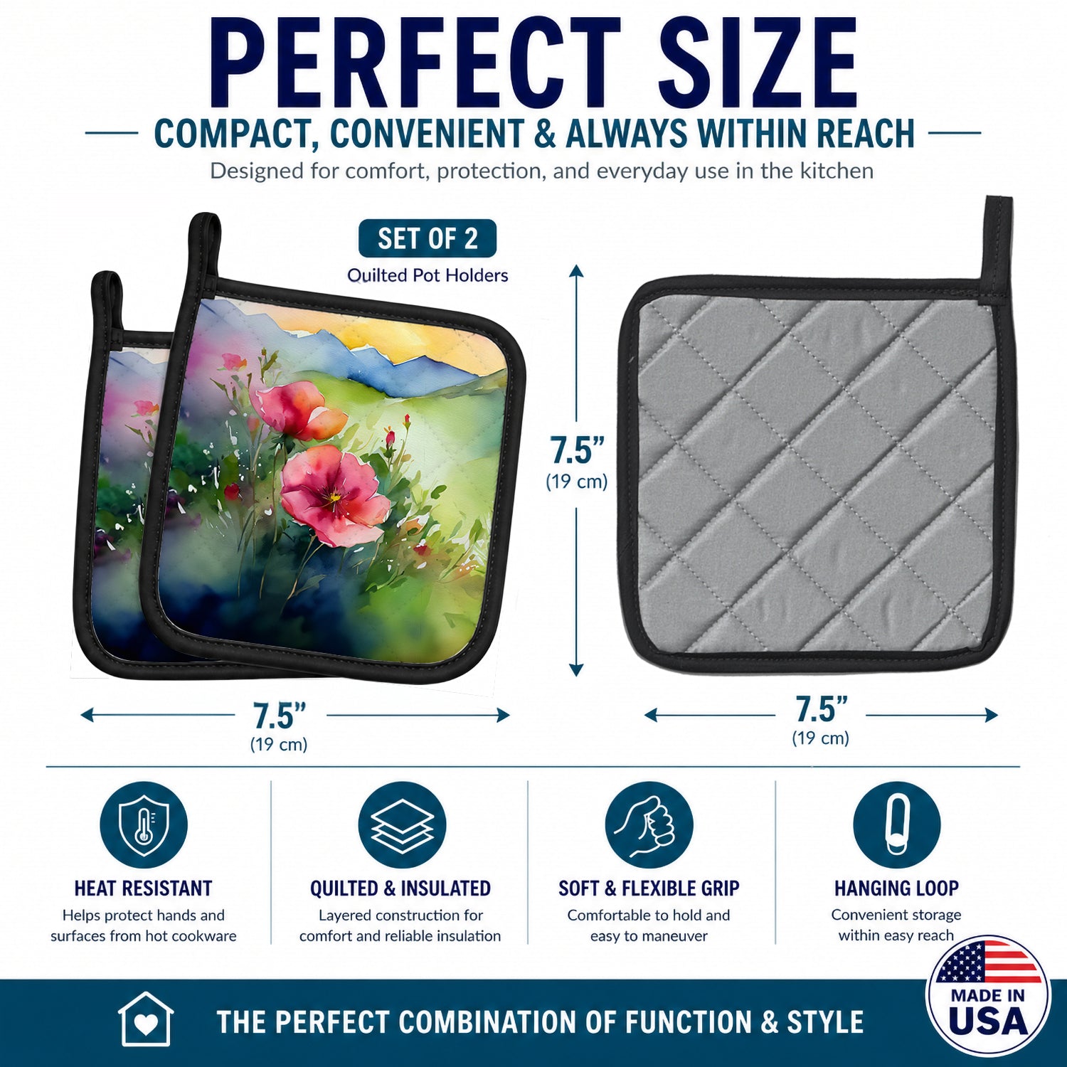 North Dakota Wild Prairie Roses in Watercolor Pot Holder Set of 2 Heat Resistant Quilted Hot Pads 7.5 x 7.5 Inch, Insulated Kitchen Trivets for Cooking & Baking