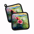 North Dakota Wild Prairie Roses in Watercolor Pot Holder Set of 2 Heat Resistant Quilted Hot Pads 7.5 x 7.5 Inch, Insulated Kitchen Trivets for Cooking & Baking