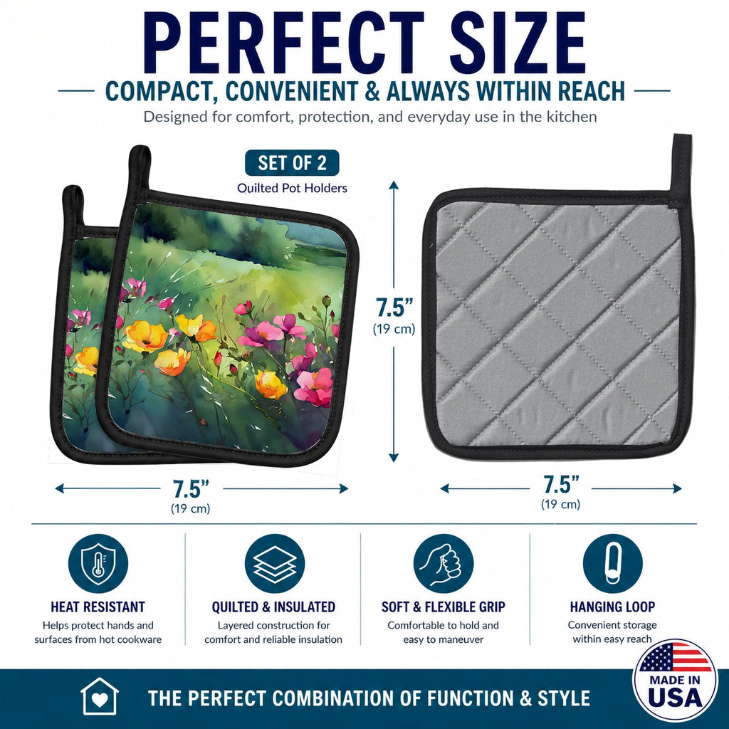 North Dakota Wild Prairie Roses in Watercolor Pot Holder Set of 2 Heat Resistant Quilted Hot Pads 7.5 x 7.5 Inch, Insulated Kitchen Trivets for Cooking & Baking
