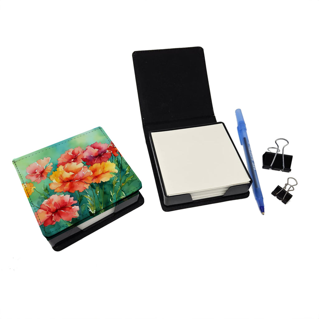 Ohio Scarlet Carnations in Watercolor PU Leather Note Paper Holder with Artist-Designed Cover, Desk Accessory, Office Gift