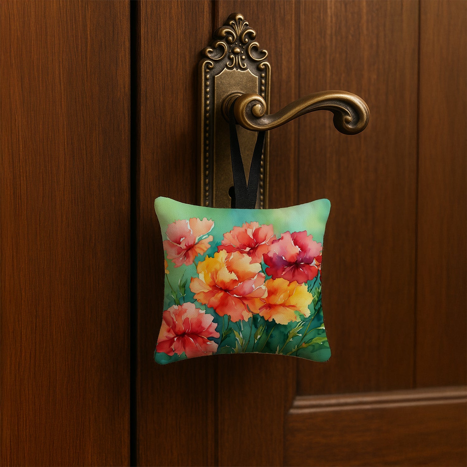 Ohio Scarlet Carnations in Watercolor Hanging Square Fabric Ornament 3.5 × 3.5 Decorative Door-Knob & Tree Hanger, Soft Fabric