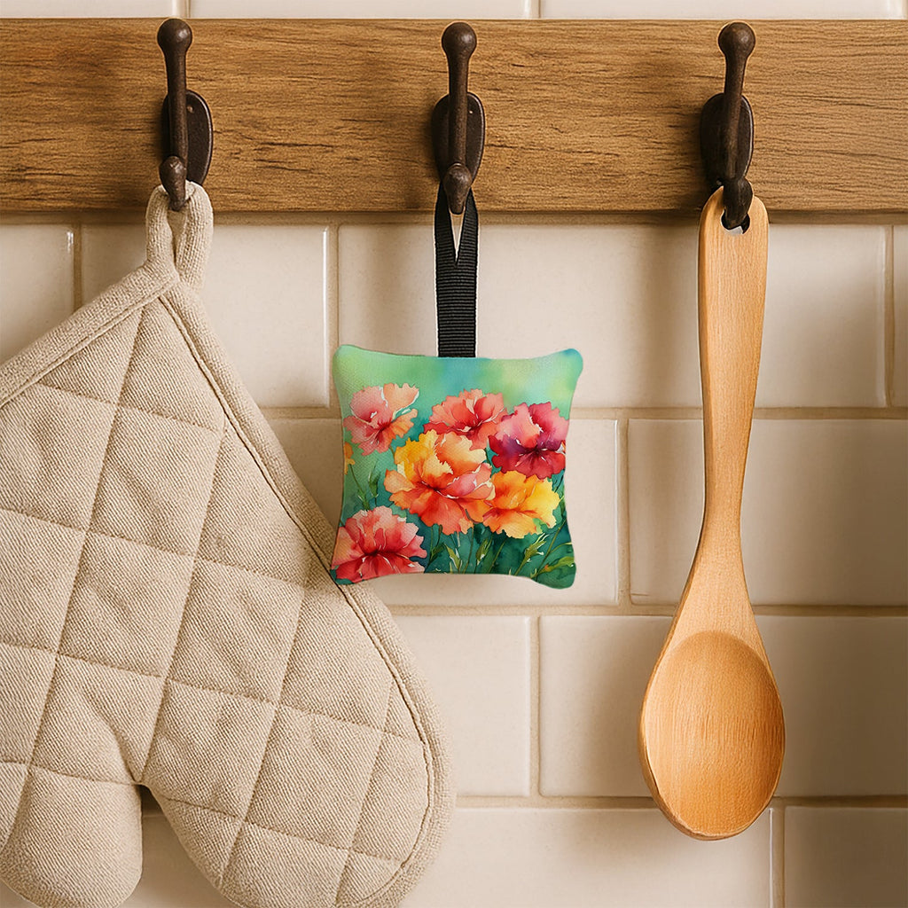 Ohio Scarlet Carnations in Watercolor Hanging Square Fabric Ornament 3.5 × 3.5 Decorative Door-Knob & Tree Hanger, Soft Fabric