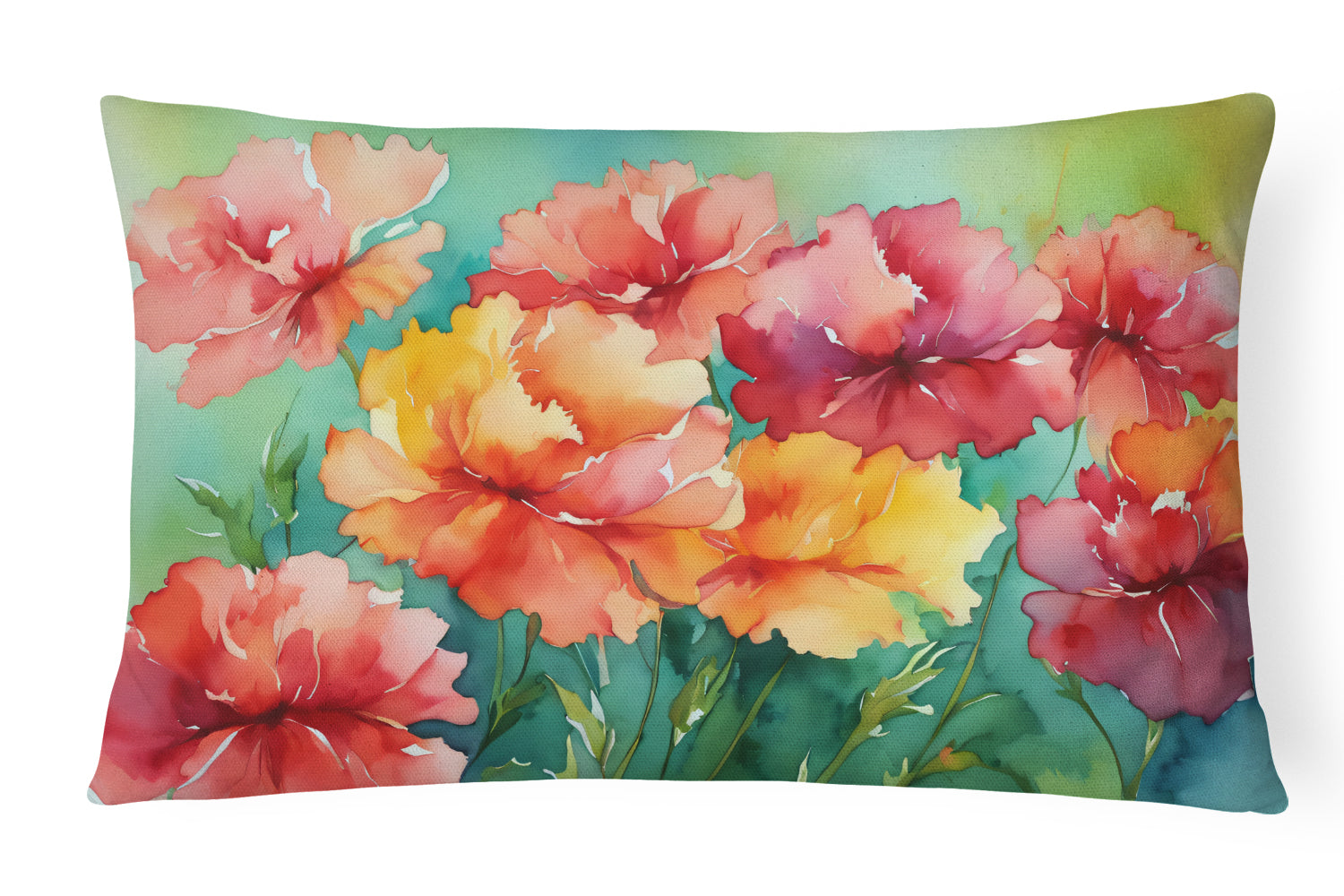 Ohio Scarlet Carnations in Watercolor Decorative Throw Pillow 12x16 Indoor Outdoor Accent Cushion, Fabric Cover with Insert for Sofa, Bed, Porch & Living Room
