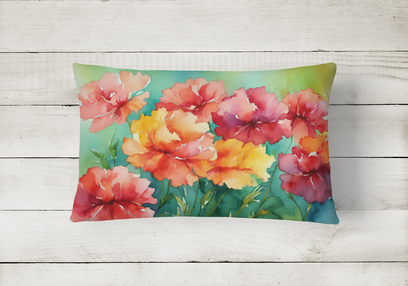Ohio Scarlet Carnations in Watercolor Decorative Throw Pillow 12x16 Indoor Outdoor Accent Cushion, Fabric Cover with Insert for Sofa, Bed, Porch & Living Room