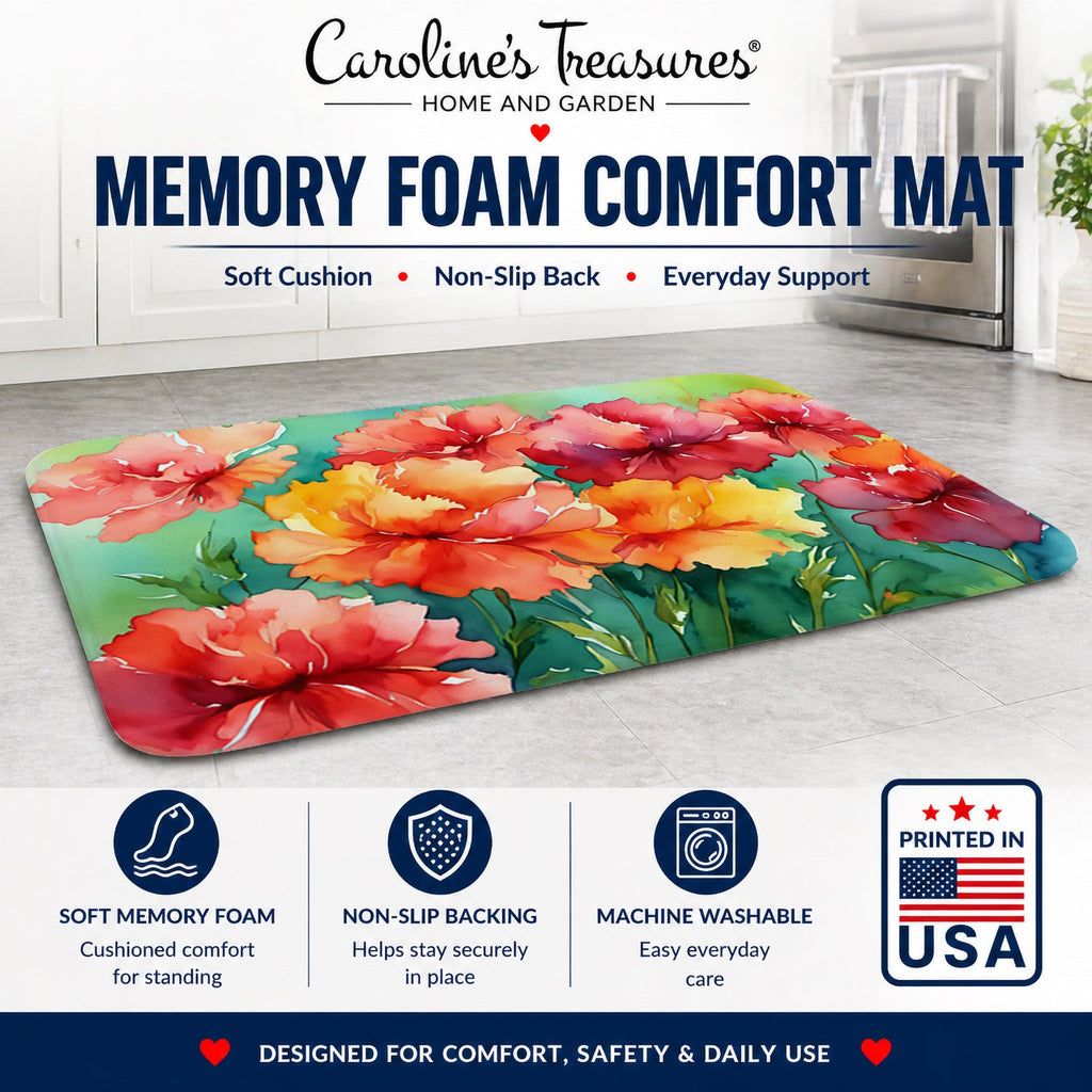 Ohio Scarlet Carnations in Watercolor Memory Foam Kitchen Mat Machine Washable Anti-Fatigue Cushion Comfort Bath or Kitchen Rug