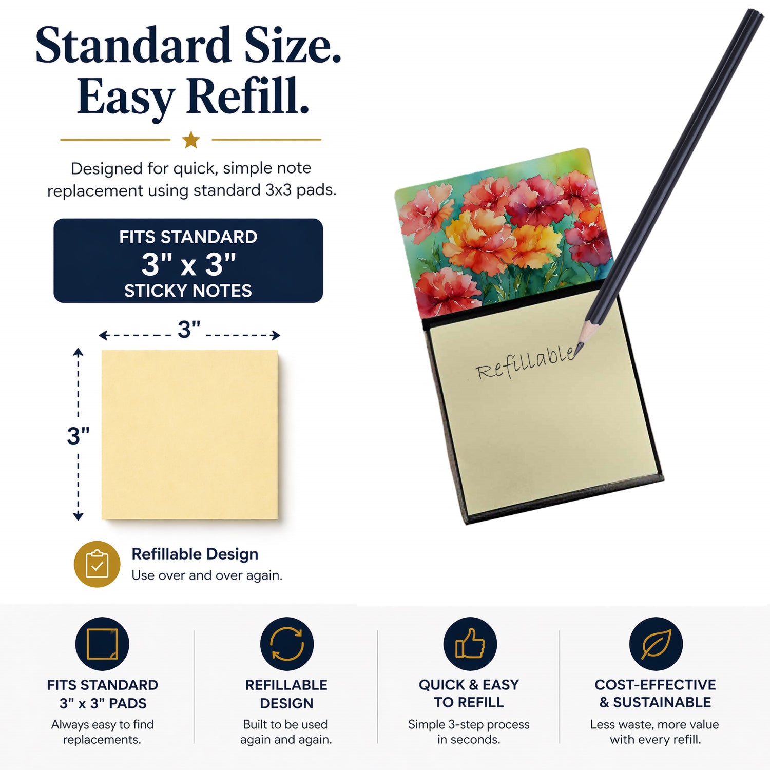 Ohio Scarlet Carnations in Watercolor Watercolor Sticky Note Holder Refillable Dispenser Desk Accessory 3x3 Pad Gift