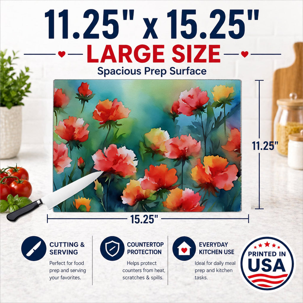 Ohio Scarlet Carnations in Watercolor Cutting Board Tempered Glass Kitchen Cutting Surface, Heat Resistant Chopping, Non-Slip Feet, Food Prep & Serving