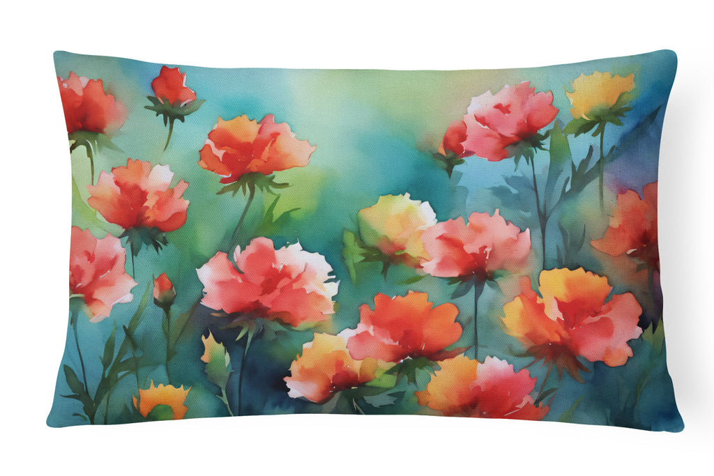 Ohio Scarlet Carnations in Watercolor Decorative Throw Pillow 12x16 Indoor Outdoor Accent Cushion, Fabric Cover with Insert for Sofa, Bed, Porch & Living Room