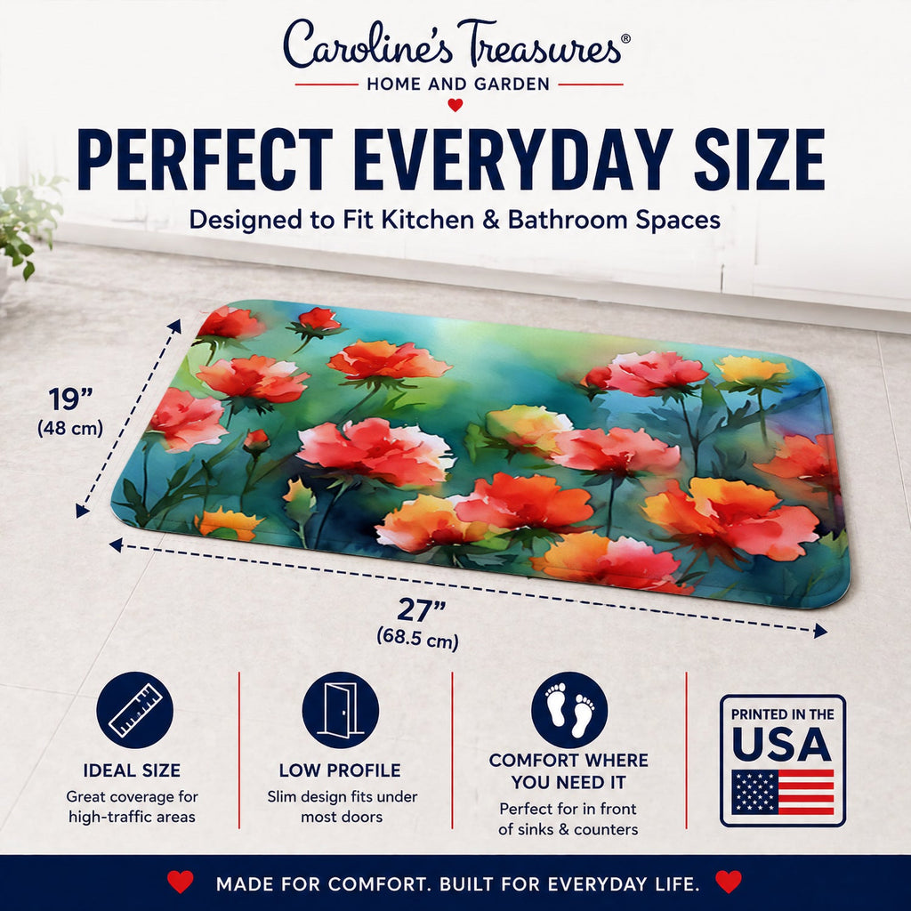 Ohio Scarlet Carnations in Watercolor Memory Foam Kitchen Mat Machine Washable Anti-Fatigue Cushion Comfort Bath or Kitchen Rug