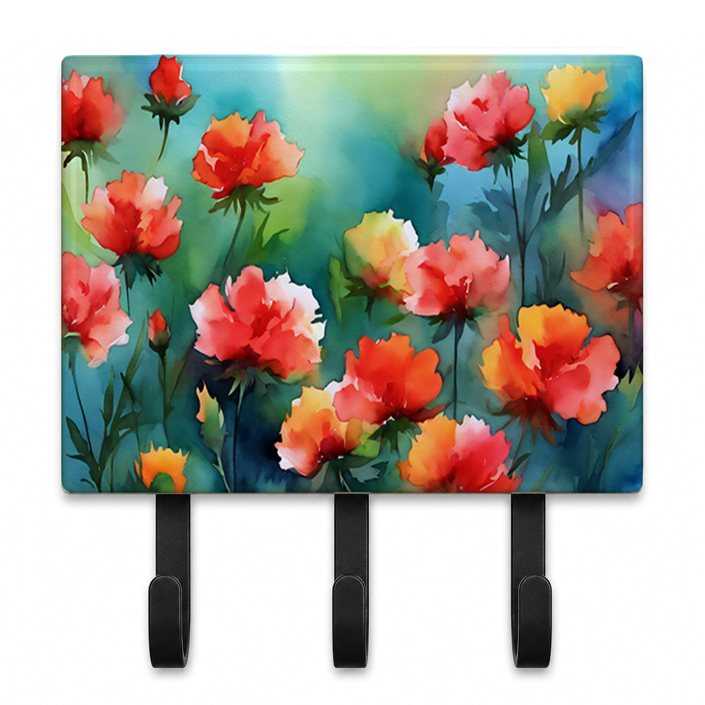 Ohio Scarlet Carnations in Watercolor Leash or Key Holder Wall Hooks, Coat Rack Wall Mount, for Hanging Keys, Towels, Aprons, Leashes