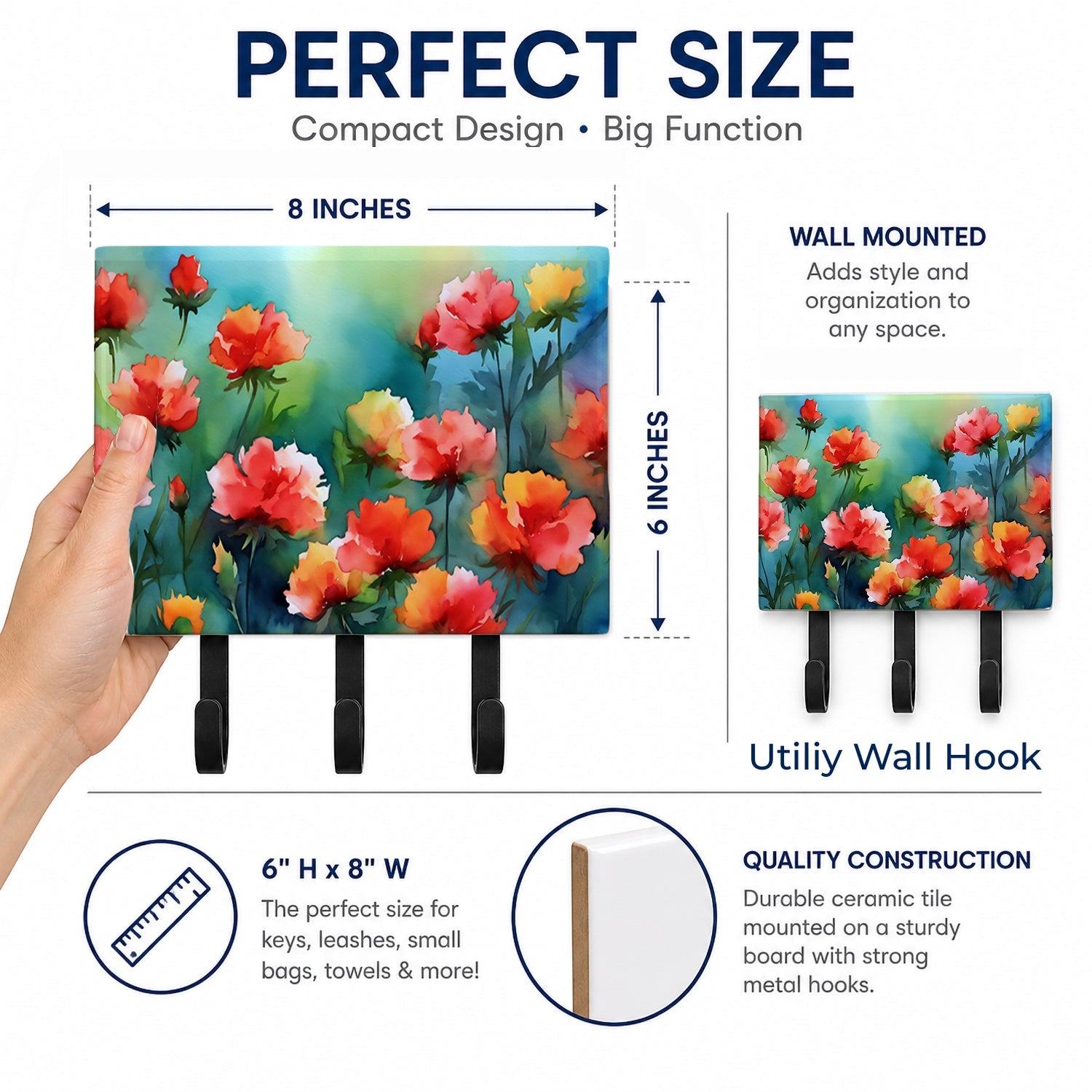 Ohio Scarlet Carnations in Watercolor Leash or Key Holder Wall Hooks, Coat Rack Wall Mount, for Hanging Keys, Towels, Aprons, Leashes