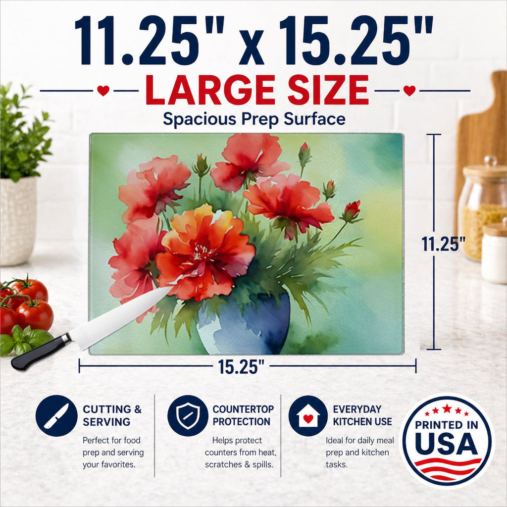 Ohio Scarlet Carnations in Watercolor Cutting Board Tempered Glass Kitchen Cutting Surface, Heat Resistant Chopping, Non-Slip Feet, Food Prep & Serving