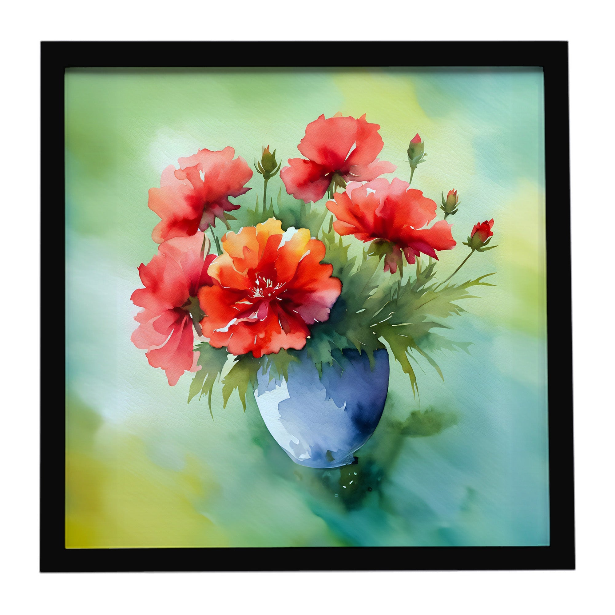 Ohio Scarlet Carnations in Watercolor Framed Metal Print Bathroom, Kitchen, Office, Home Decor Wall Art Ready to Hang, Square, 8X8