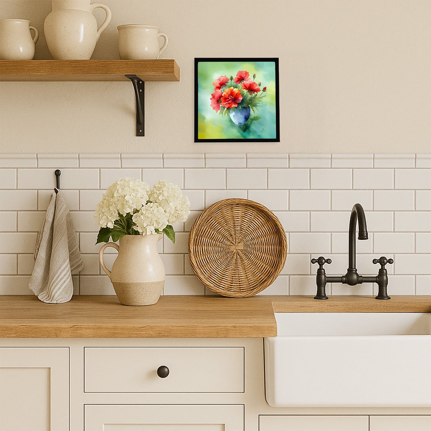 Ohio Scarlet Carnations in Watercolor Framed Metal Print Bathroom, Kitchen, Office, Home Decor Wall Art Ready to Hang, Square, 8X8