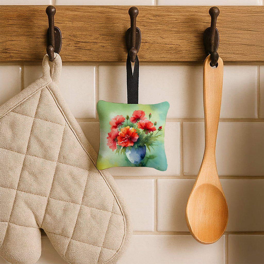 Ohio Scarlet Carnations in Watercolor Hanging Square Fabric Ornament 3.5 × 3.5 Decorative Door-Knob & Tree Hanger, Soft Fabric
