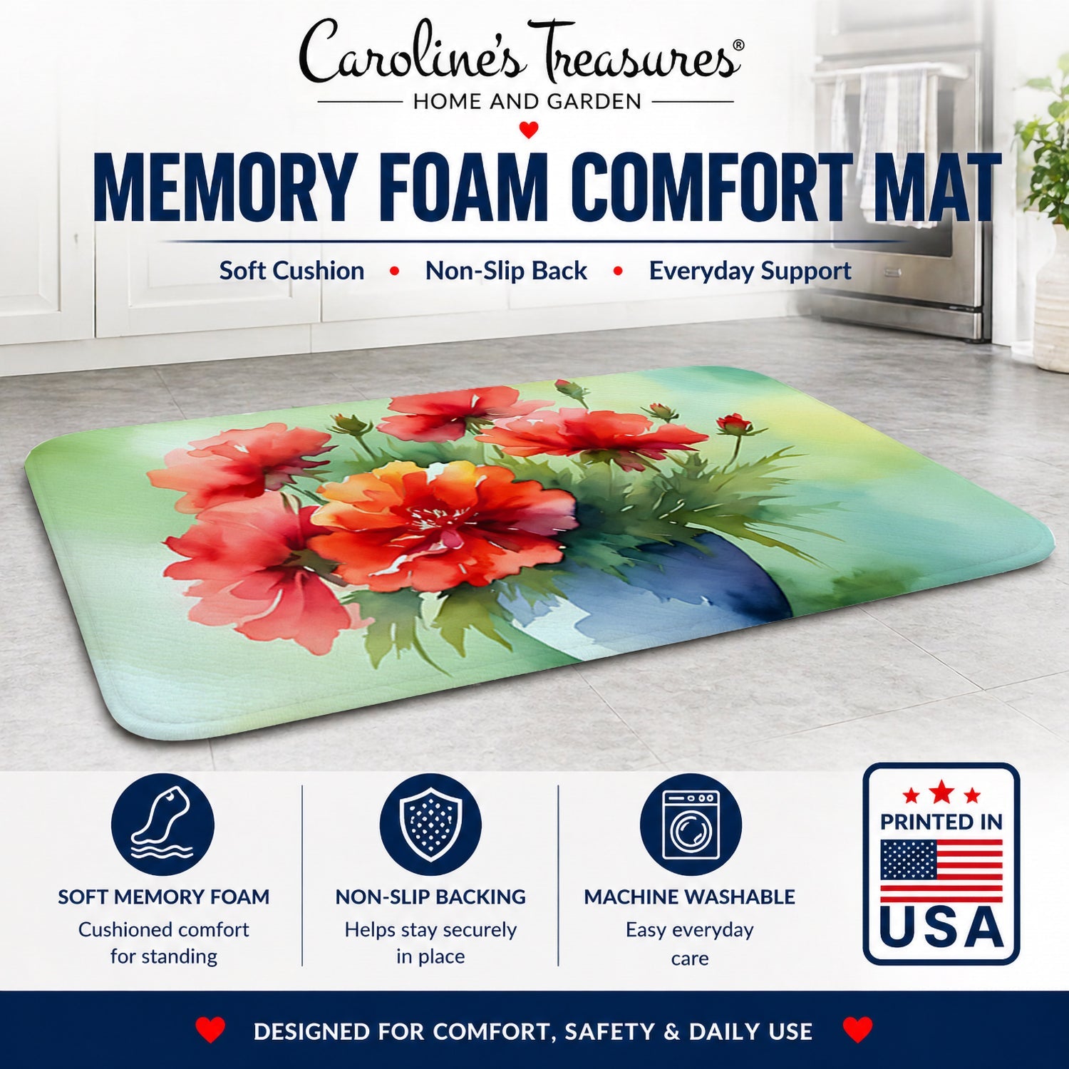 Ohio Scarlet Carnations in Watercolor Memory Foam Kitchen Mat Machine Washable Anti-Fatigue Cushion Comfort Bath or Kitchen Rug