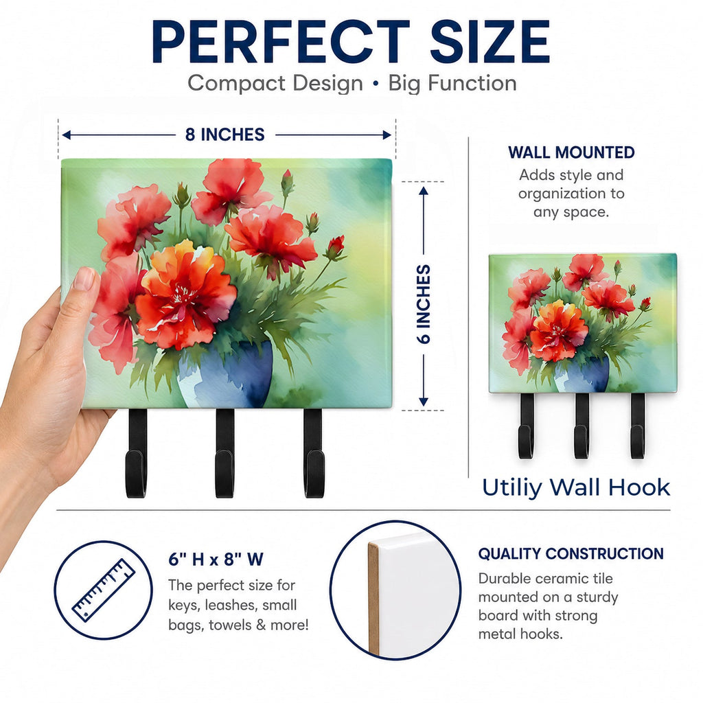 Ohio Scarlet Carnations in Watercolor Leash or Key Holder Wall Hooks, Coat Rack Wall Mount, for Hanging Keys, Towels, Aprons, Leashes