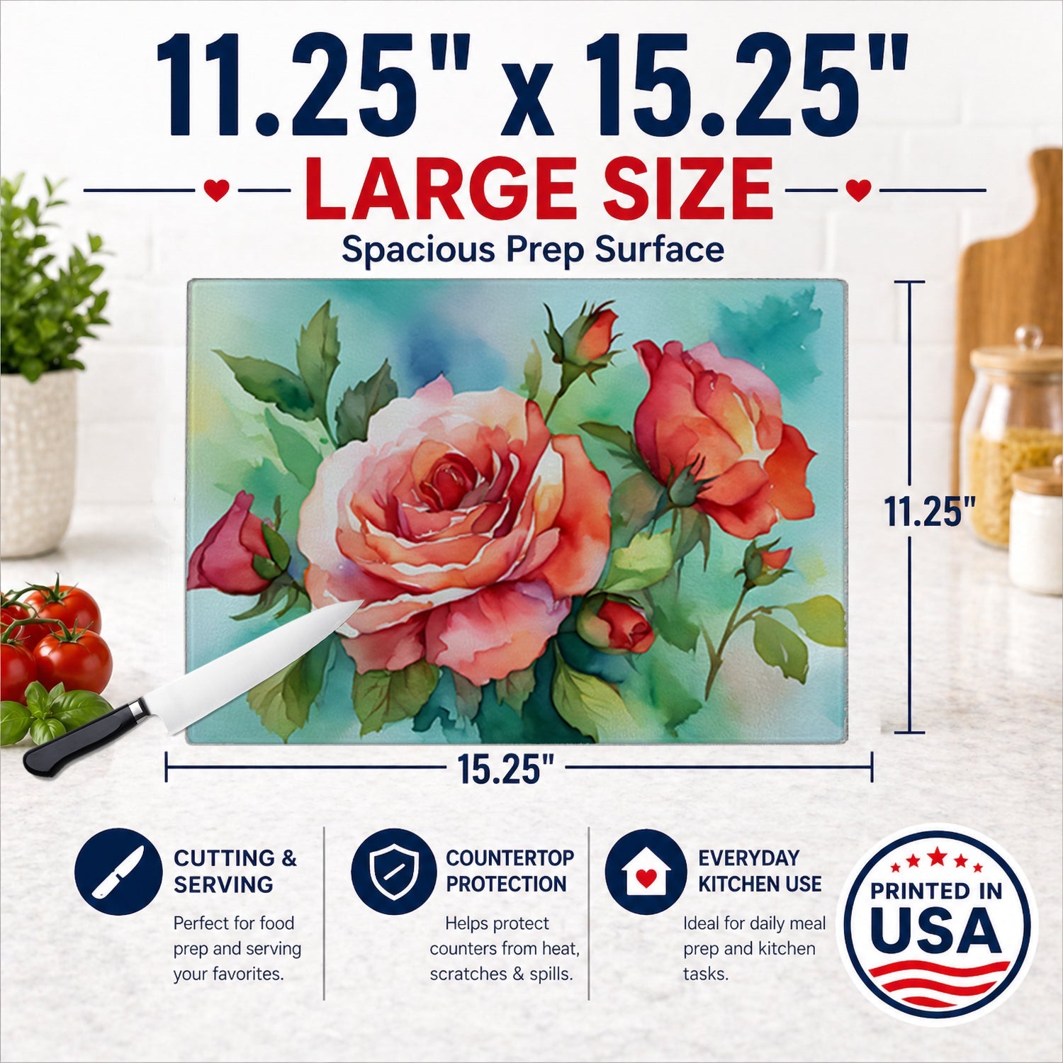 Oklahoma Roses in Watercolor Cutting Board Tempered Glass Kitchen Cutting Surface, Heat Resistant Chopping, Non-Slip Feet, Food Prep & Serving