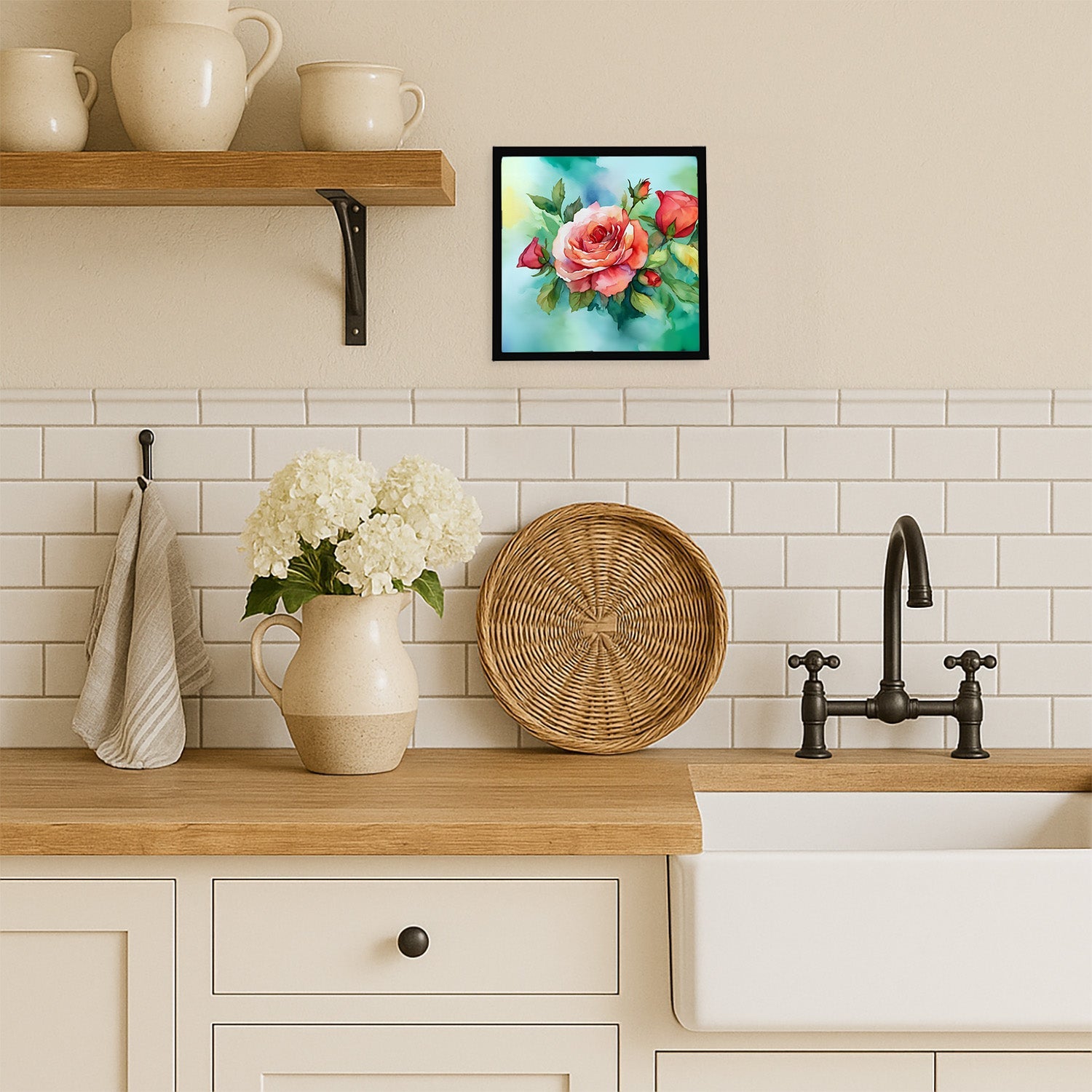 Oklahoma Roses in Watercolor Framed Metal Print Bathroom, Kitchen, Office, Home Decor Wall Art Ready to Hang, Square, 8X8