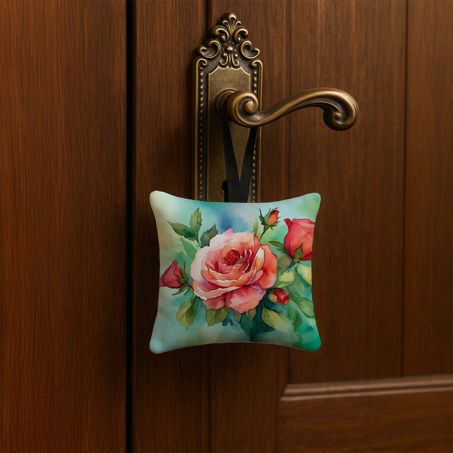 Oklahoma Roses in Watercolor Hanging Square Fabric Ornament 3.5 × 3.5 Decorative Door-Knob & Tree Hanger, Soft Fabric