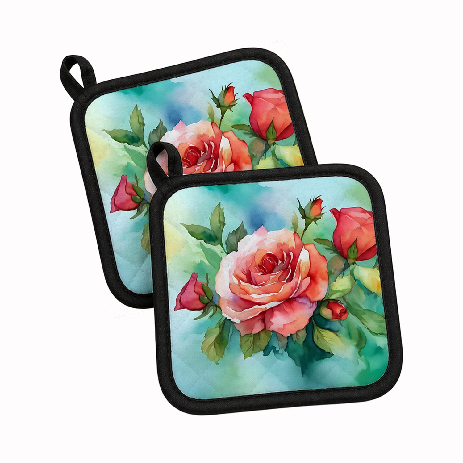 Oklahoma Roses in Watercolor Pot Holder Set of 2 Heat Resistant Quilted Hot Pads 7.5 x 7.5 Inch, Insulated Kitchen Trivets for Cooking & Baking