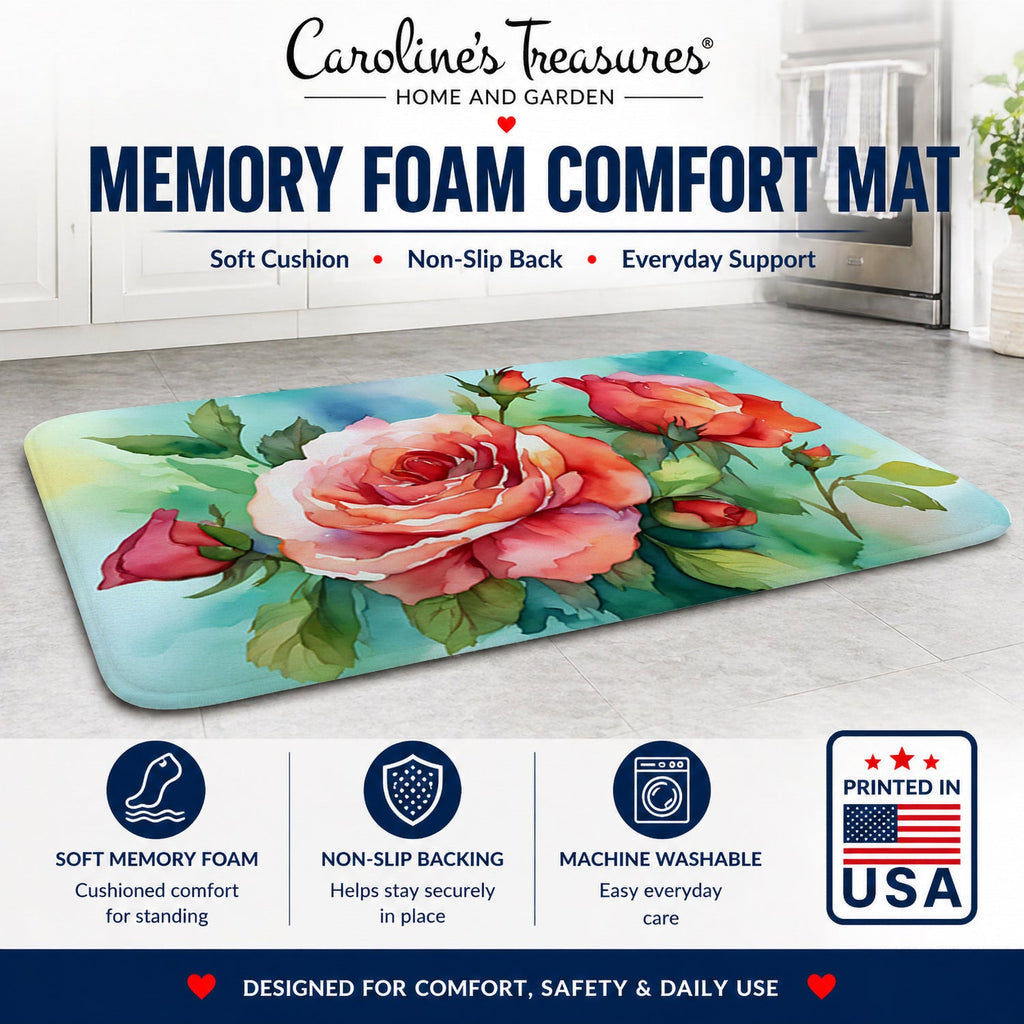 Oklahoma Roses in Watercolor Memory Foam Kitchen Mat Machine Washable Anti-Fatigue Cushion Comfort Bath or Kitchen Rug