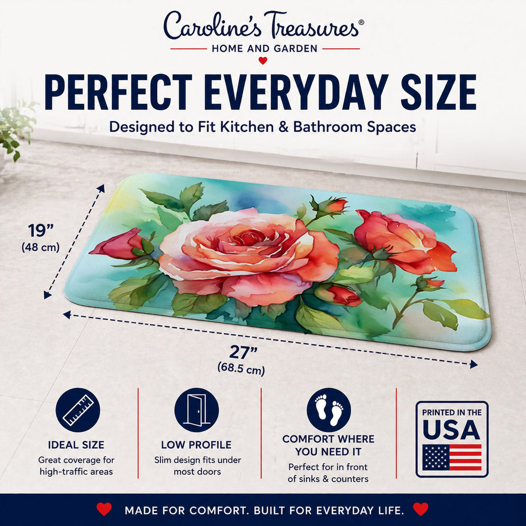 Oklahoma Roses in Watercolor Memory Foam Kitchen Mat Machine Washable Anti-Fatigue Cushion Comfort Bath or Kitchen Rug