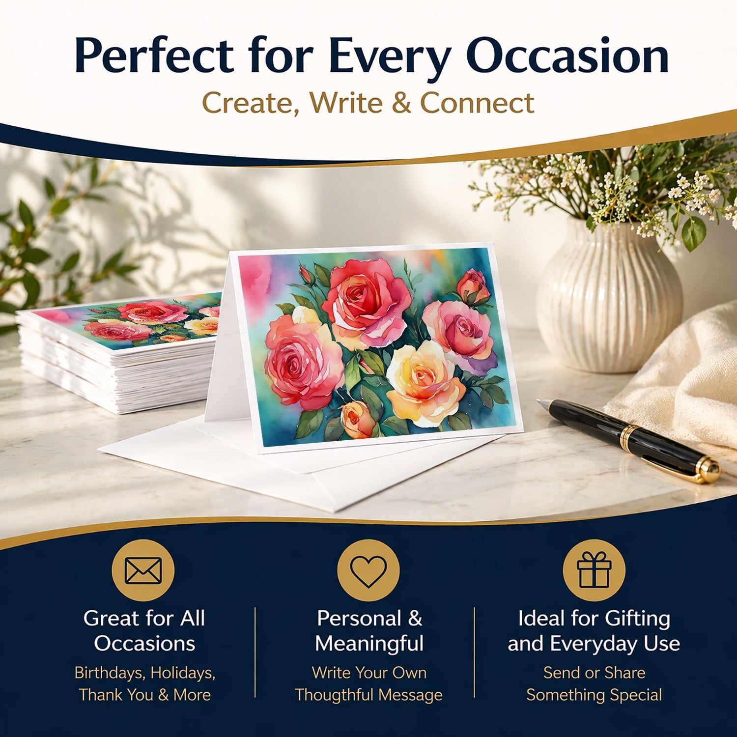 Oklahoma Roses in Watercolor Greeting Cards Pack of 8 Blank Cards with Envelopes Whimsical A7 Size 5x7