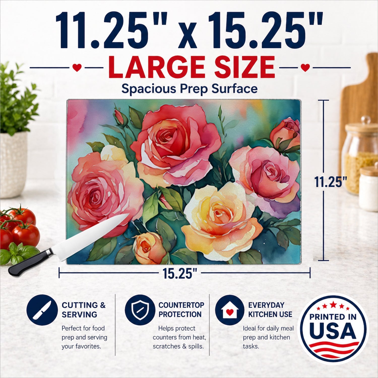 Oklahoma Roses in Watercolor Cutting Board Tempered Glass Kitchen Cutting Surface, Heat Resistant Chopping, Non-Slip Feet, Food Prep & Serving