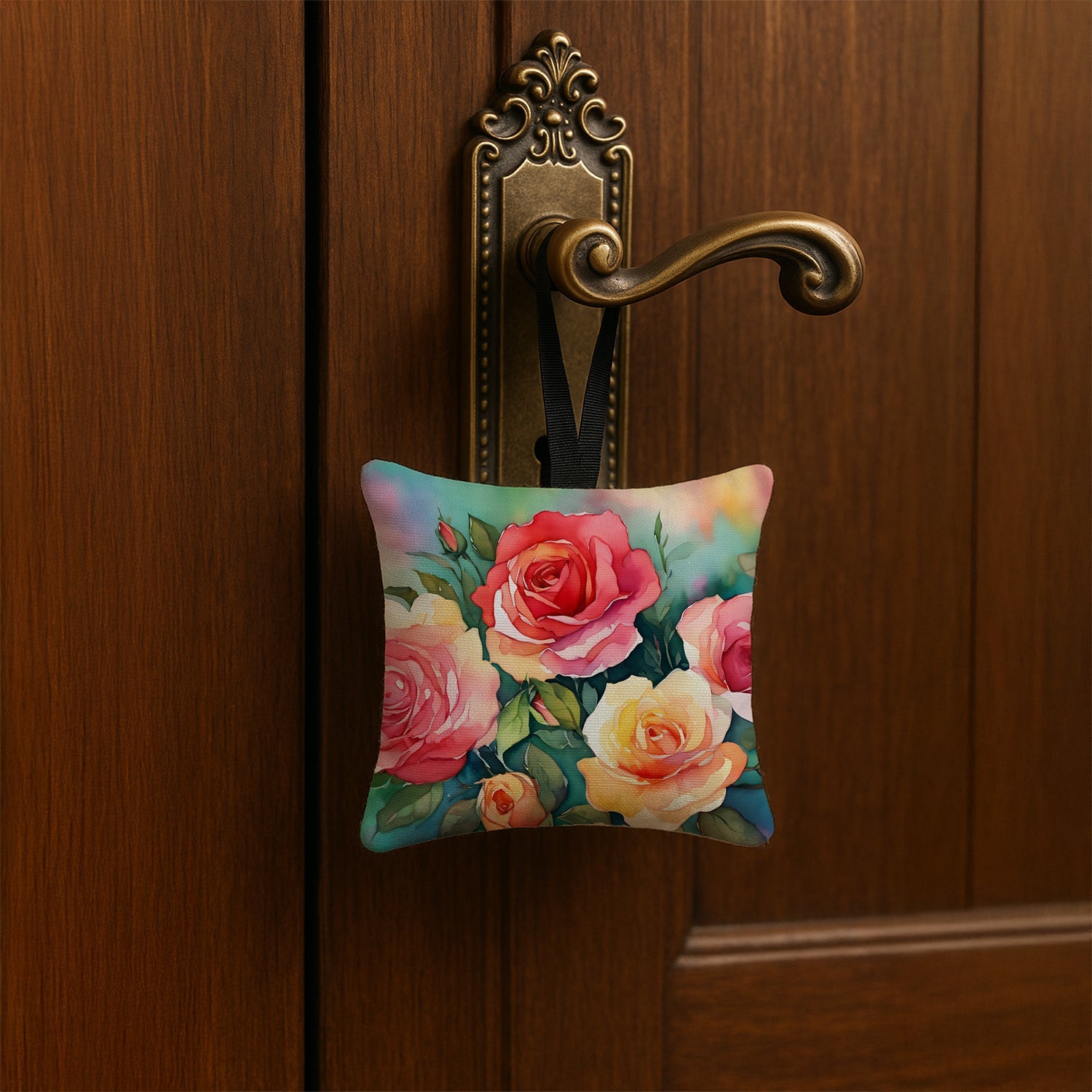 Oklahoma Roses in Watercolor Hanging Square Fabric Ornament 3.5 × 3.5 Decorative Door-Knob & Tree Hanger, Soft Fabric
