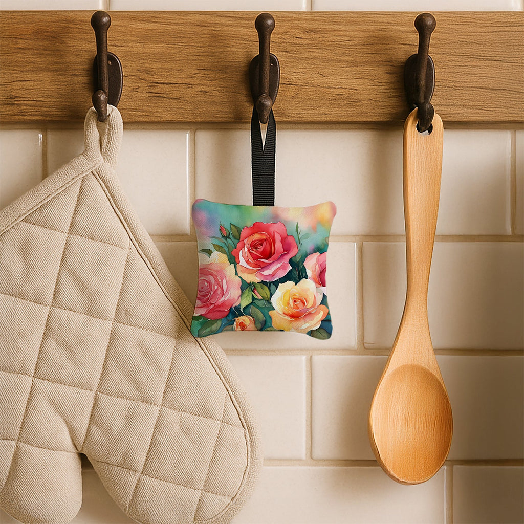 Oklahoma Roses in Watercolor Hanging Square Fabric Ornament 3.5 × 3.5 Decorative Door-Knob & Tree Hanger, Soft Fabric