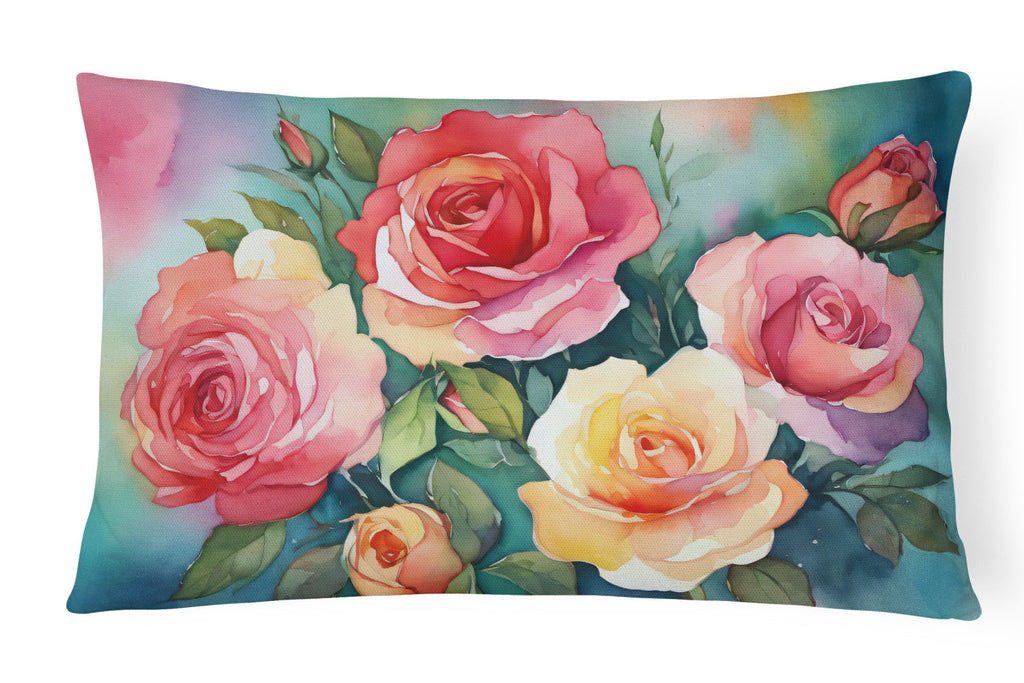 Oklahoma Roses in Watercolor Decorative Throw Pillow 12x16 Indoor Outdoor Accent Cushion, Fabric Cover with Insert for Sofa, Bed, Porch & Living Room