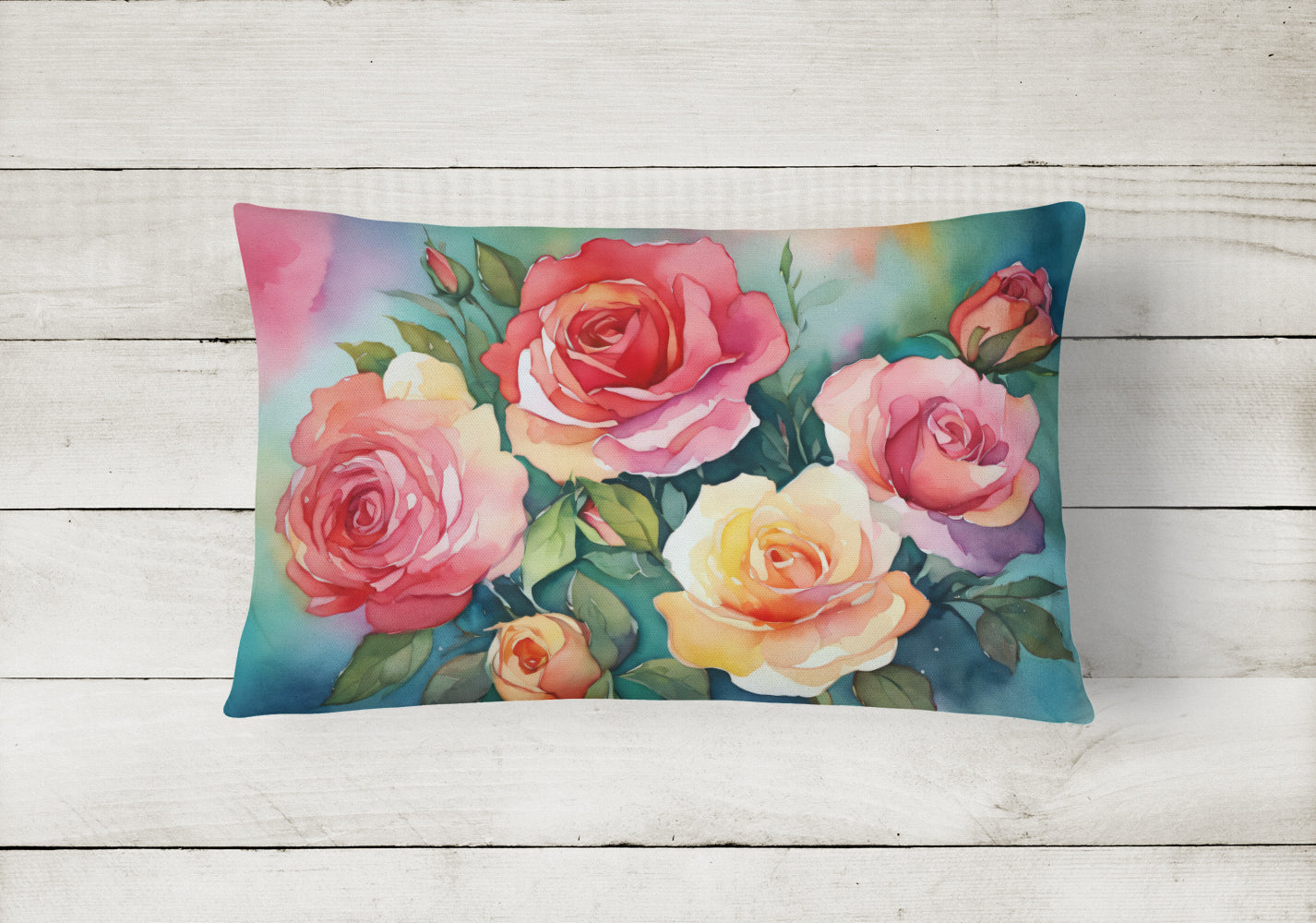 Oklahoma Roses in Watercolor Decorative Throw Pillow 12x16 Indoor Outdoor Accent Cushion, Fabric Cover with Insert for Sofa, Bed, Porch & Living Room