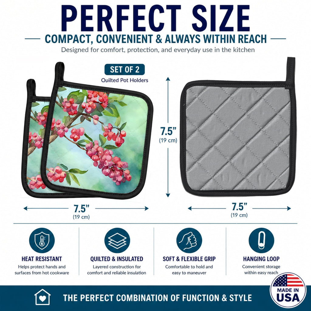 Pennsylvania Mountain Laurels in Watercolor Pot Holder Set of 2 Heat Resistant Quilted Hot Pads 7.5 x 7.5 Inch, Insulated Kitchen Trivets for Cooking & Baking