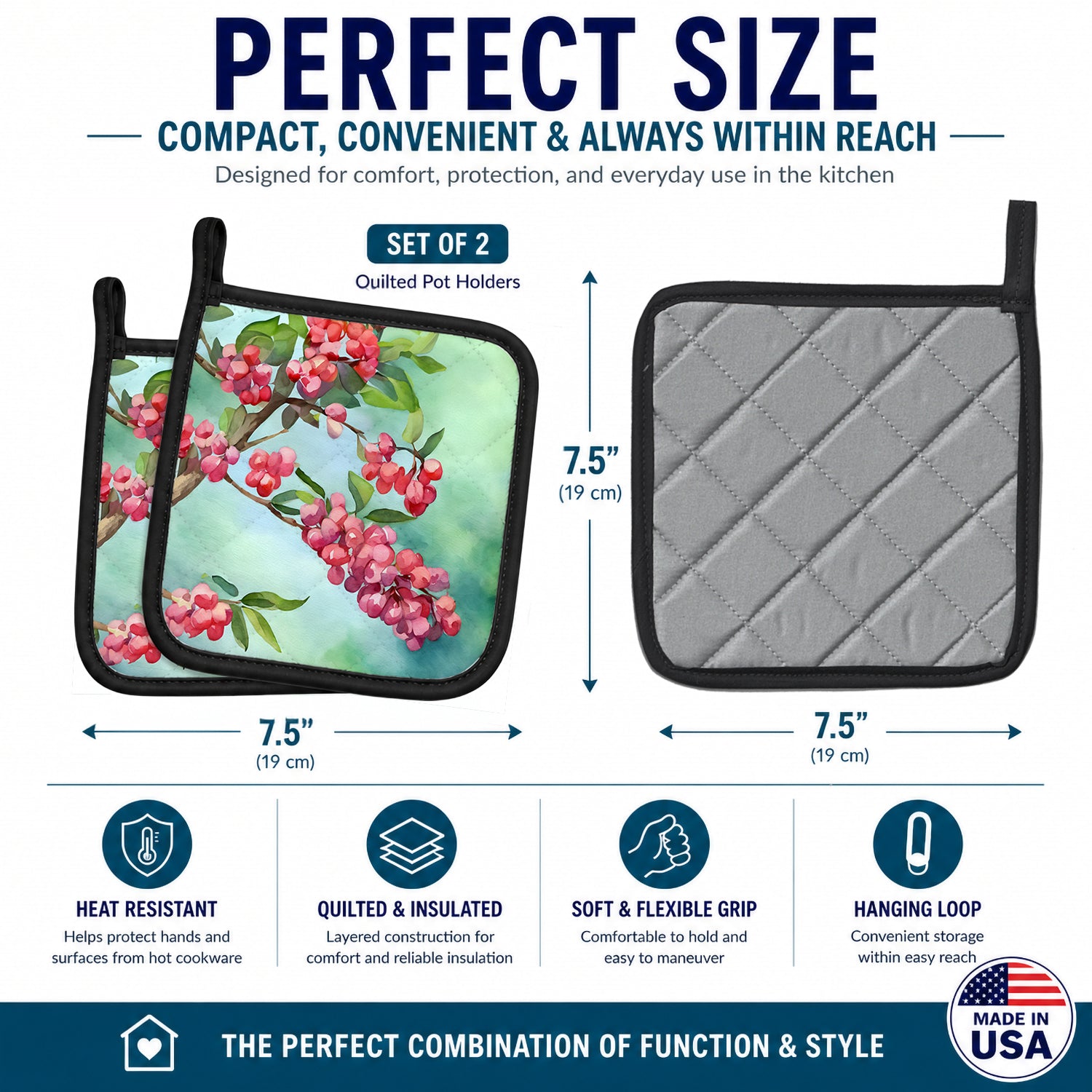 Pennsylvania Mountain Laurels in Watercolor Pot Holder Set of 2 Heat Resistant Quilted Hot Pads 7.5 x 7.5 Inch, Insulated Kitchen Trivets for Cooking & Baking