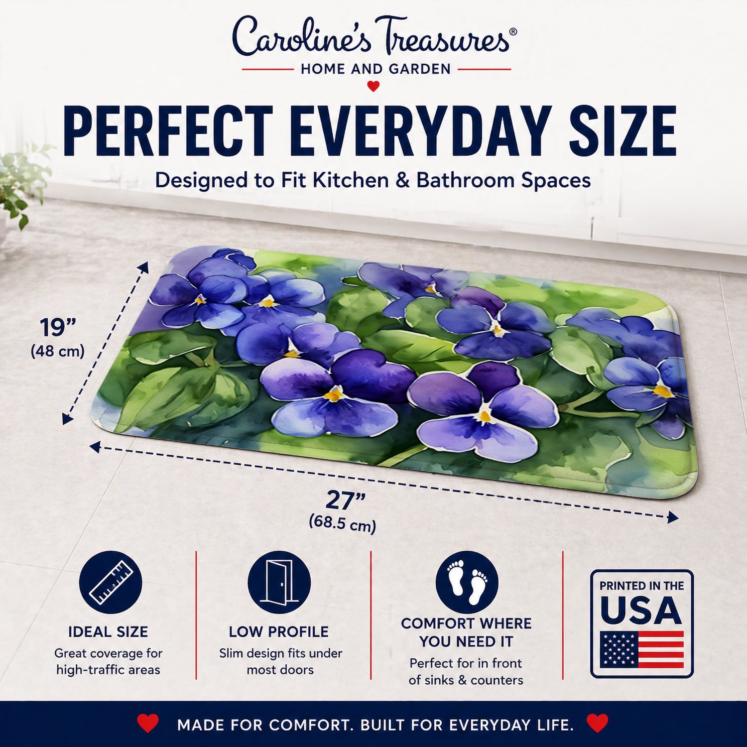 Rhode Island Violets in Watercolor Memory Foam Kitchen Mat Machine Washable Anti-Fatigue Cushion Comfort Bath or Kitchen Rug