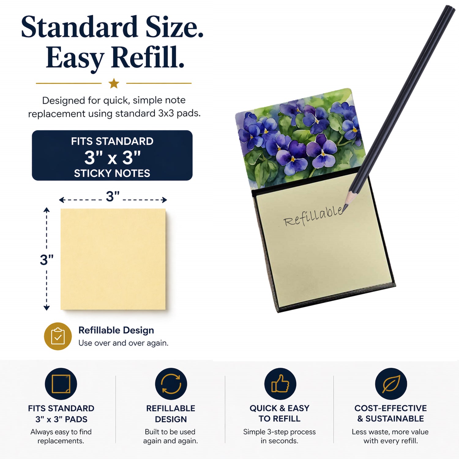 Rhode Island Violets in Watercolor Watercolor Sticky Note Holder Refillable Dispenser Desk Accessory 3x3 Pad Gift