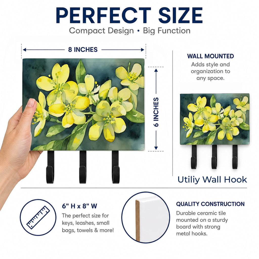 South Carolina Yellow Jessamine in Watercolor Leash or Key Holder Wall Hooks, Coat Rack Wall Mount, for Hanging Keys, Towels, Aprons, Leashes
