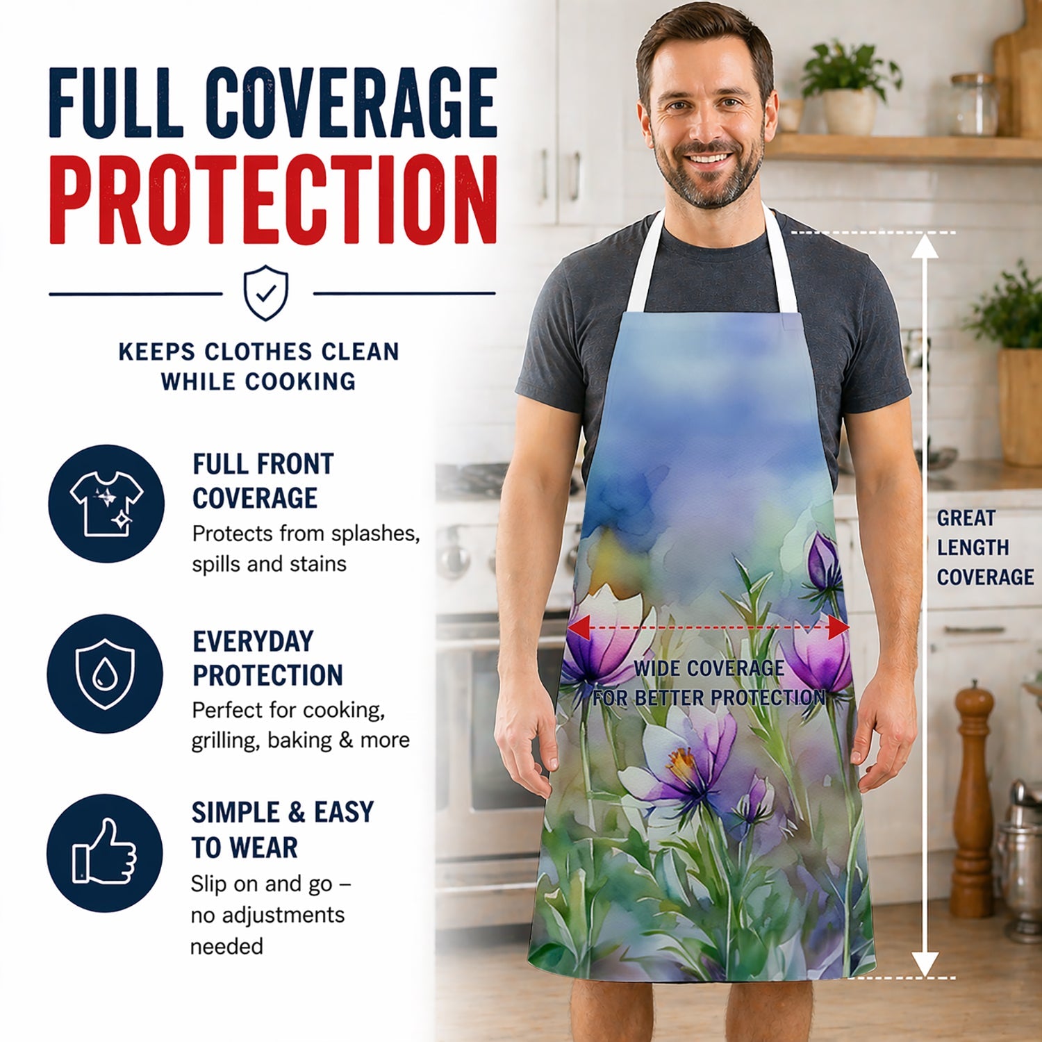 South Dakota Pasque Flowers in Watercolor Apron Cooking Kitchen Server Baking Crafts Gardening for Adult Women Men, Unisex, Large, Multicolor