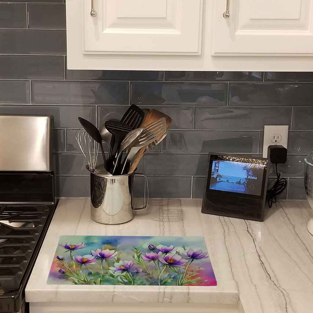 South Dakota Pasque Flowers in Watercolor Cutting Board Tempered Glass Kitchen Cutting Surface, Heat Resistant Chopping, Non-Slip Feet, Food Prep & Serving