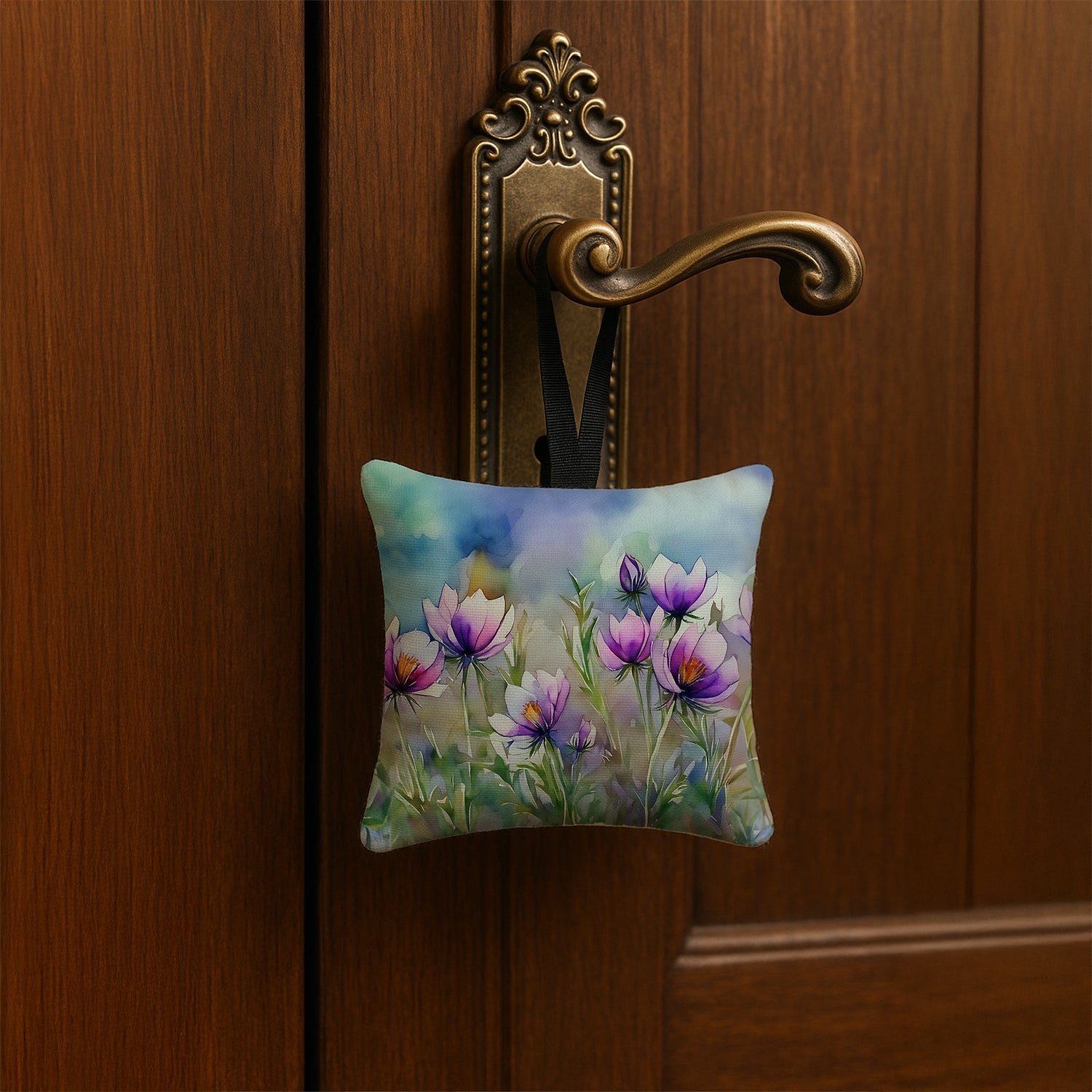 South Dakota Pasque Flowers in Watercolor Hanging Square Fabric Ornament 3.5 × 3.5 Decorative Door-Knob & Tree Hanger, Soft Fabric