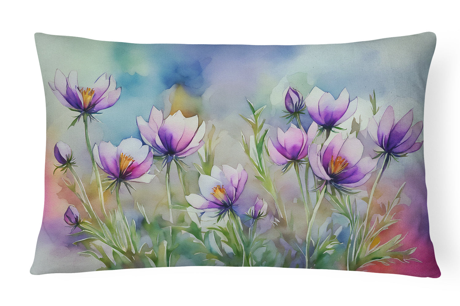 South Dakota Pasque Flowers in Watercolor Decorative Throw Pillow 12x16 Indoor Outdoor Accent Cushion, Fabric Cover with Insert for Sofa, Bed, Porch & Living Room