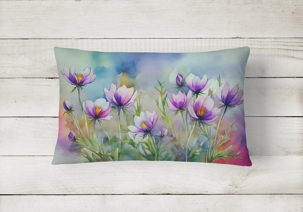 South Dakota Pasque Flowers in Watercolor Decorative Throw Pillow 12x16 Indoor Outdoor Accent Cushion, Fabric Cover with Insert for Sofa, Bed, Porch & Living Room