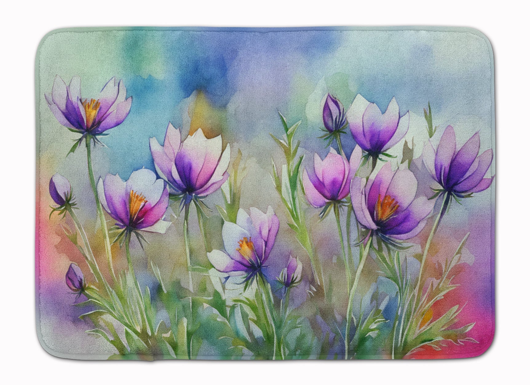 South Dakota Pasque Flowers in Watercolor Memory Foam Kitchen Mat Machine Washable Anti-Fatigue Cushion Comfort Bath or Kitchen Rug