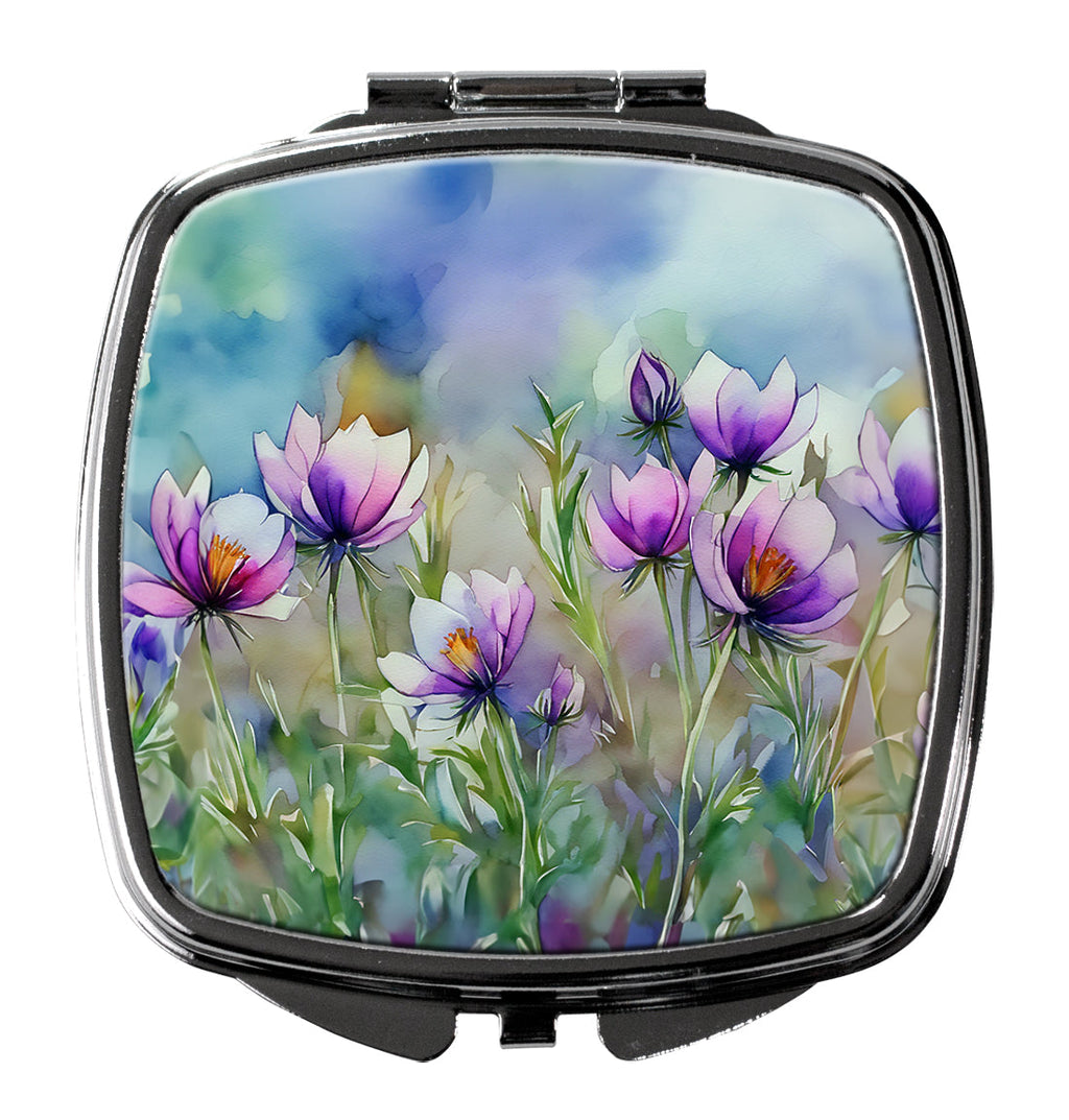 South Dakota Pasque Flowers in Watercolor Compact Mirror Decorative Travel Makeup Mirror for Women Girls Gifts Pocket Makeup Mirror Folding Handheld
