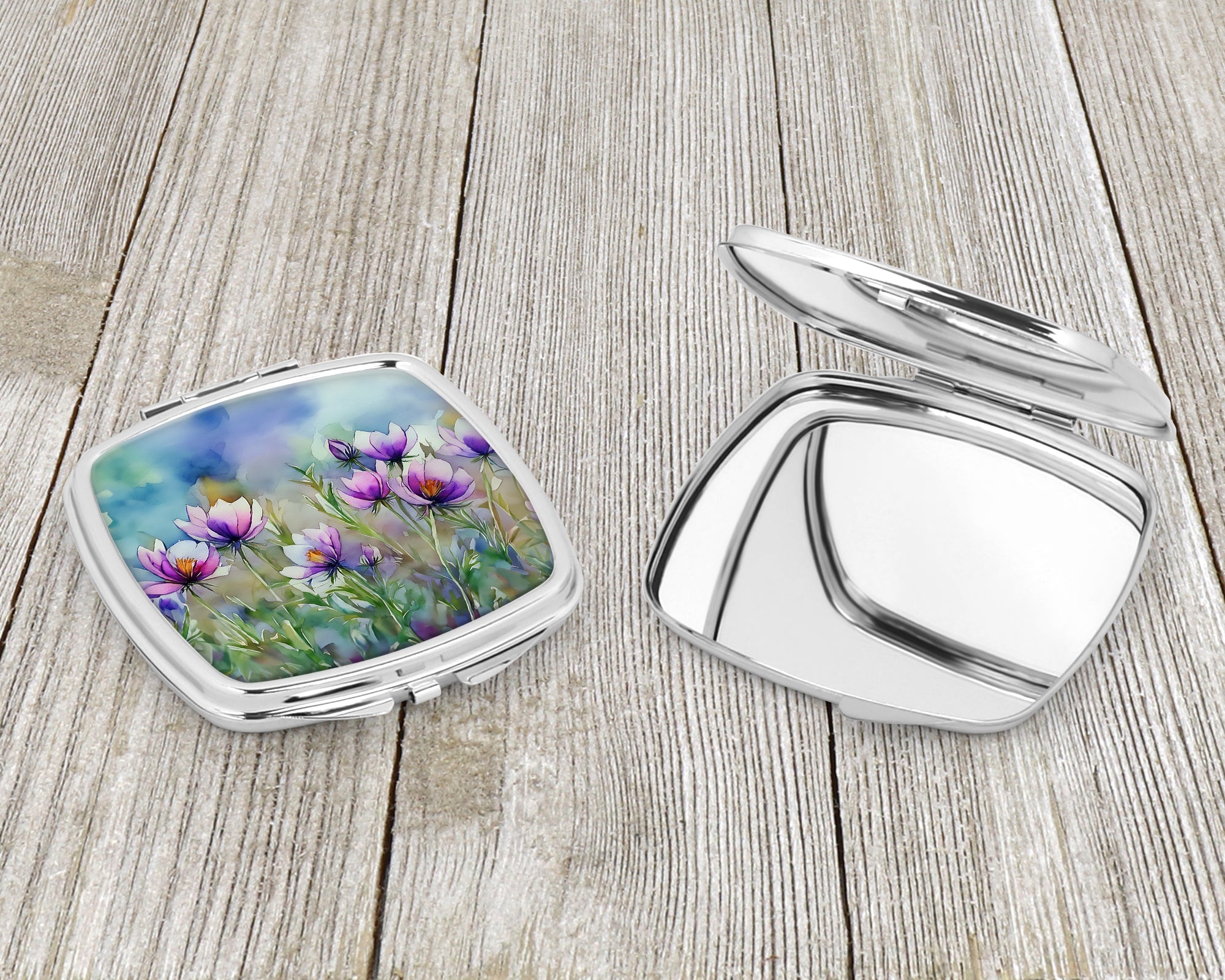 South Dakota Pasque Flowers in Watercolor Compact Mirror Decorative Travel Makeup Mirror for Women Girls Gifts Pocket Makeup Mirror Folding Handheld