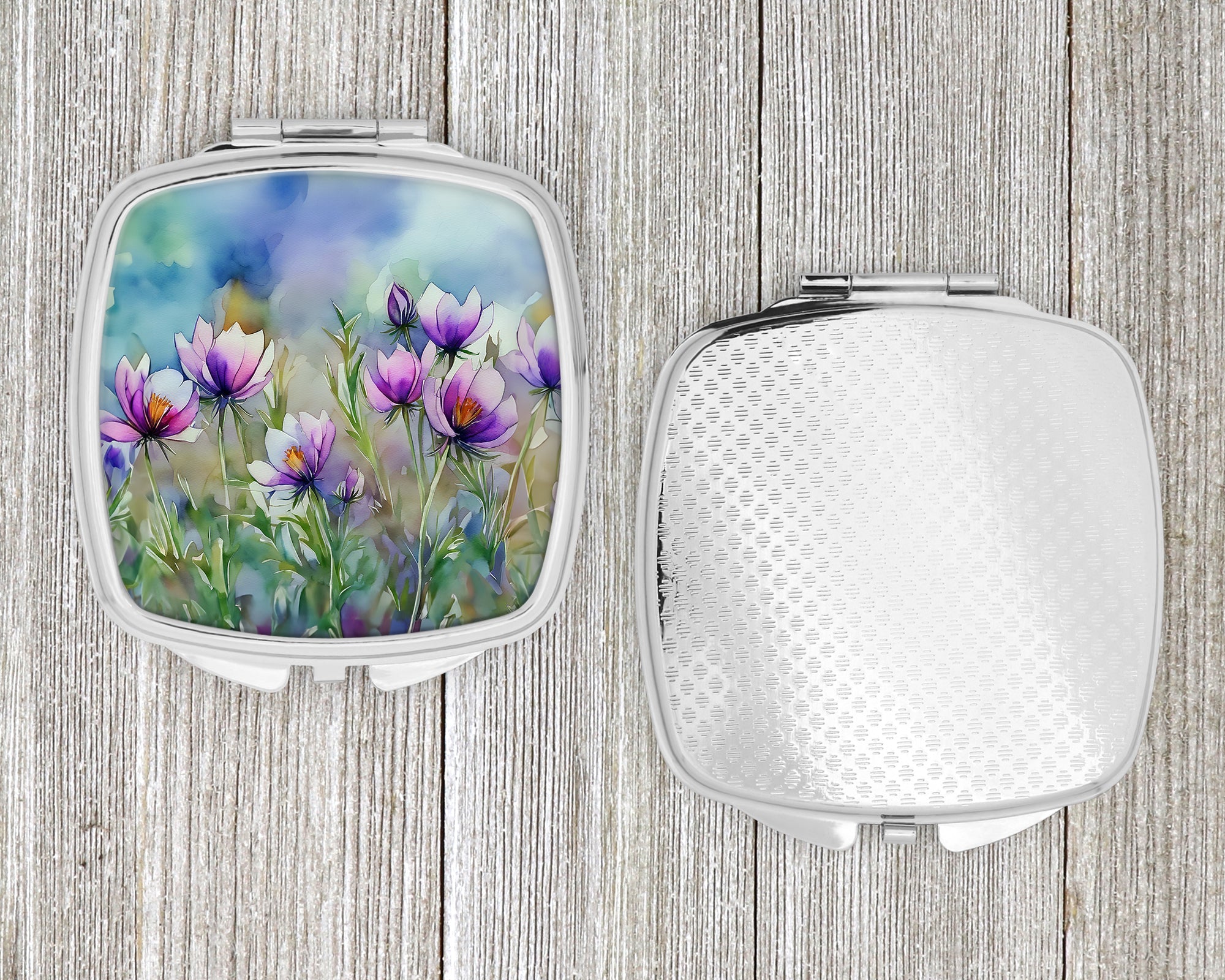 South Dakota Pasque Flowers in Watercolor Compact Mirror Decorative Travel Makeup Mirror for Women Girls Gifts Pocket Makeup Mirror Folding Handheld