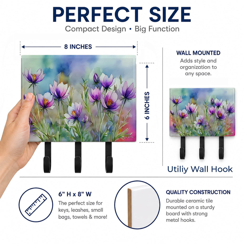 South Dakota Pasque Flowers in Watercolor Leash or Key Holder Wall Hooks, Coat Rack Wall Mount, for Hanging Keys, Towels, Aprons, Leashes