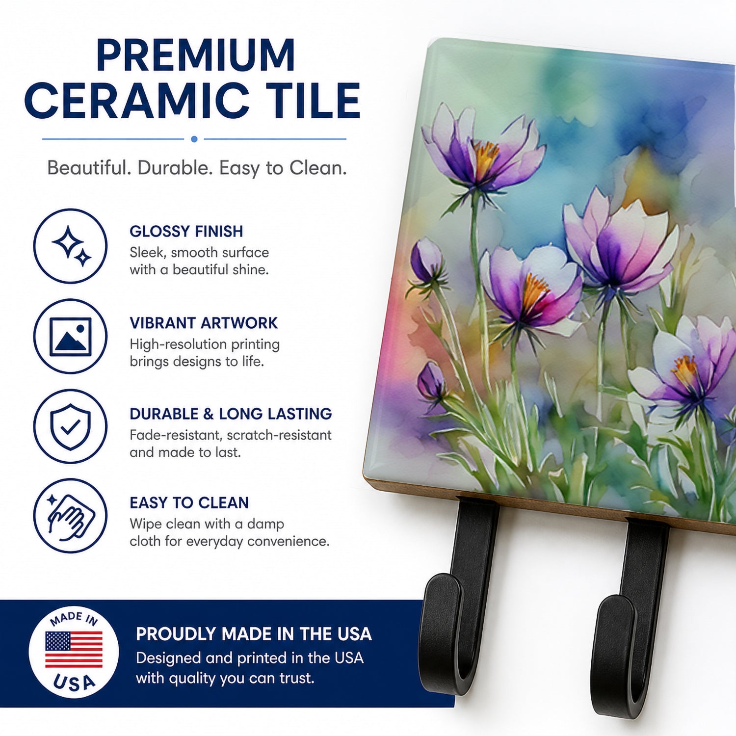 South Dakota Pasque Flowers in Watercolor Leash or Key Holder Wall Hooks, Coat Rack Wall Mount, for Hanging Keys, Towels, Aprons, Leashes